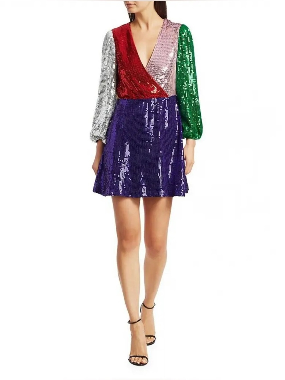 NWT Alice + Olivia Blaze Colorblock Sequin Mini Dress Puff Sleeves size 2